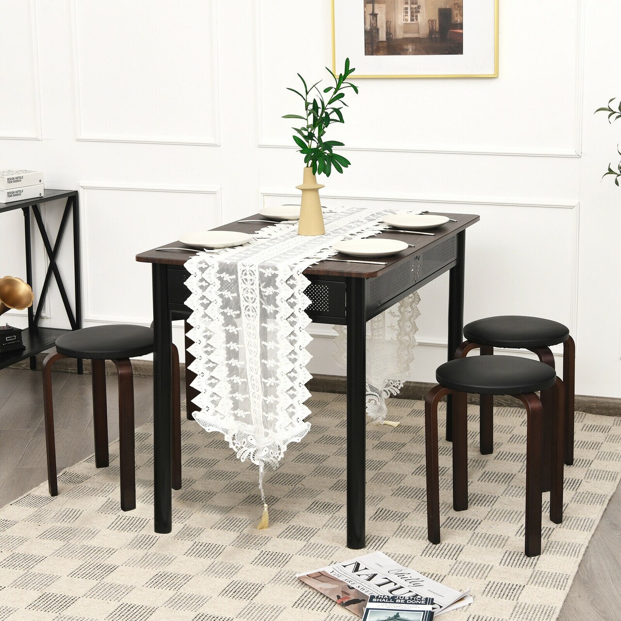 Set Of 4 Bentwood Round Stool Stackable Dining Chairs With Padded Seat